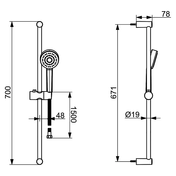 Hansa Pico Brausegarnitur - Lochabstand: 67,1 cm, Chrom, Anzahl Strahlarten: 1 Stk. - Abbildung einer Duschstange mit den Maßen 700 mm Höhe und 78 mm Breite, sowie einer Brause mit 1500 mm Schlauchlänge.