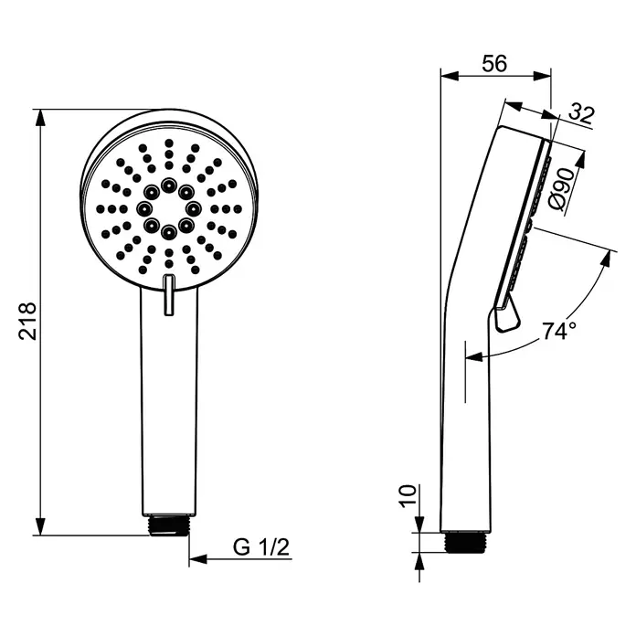 Hansa Pico Handbrause - Anzahl Funktionen: 3 Stk., Chrom - Abbildung einer Duschbrause mit den Maßen 218 mm Höhe, 56 mm Tiefe und einem Brausekopf von 90 mm Durchmesser.