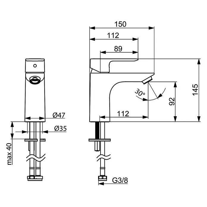 Hansa Pico Waschtischarmatur - Höhe: 14,5 cm, Chrom, Ausladung Armatur: 15 cm - Technische Zeichnung einer Armatur mit Maßangaben für Installation und Design.