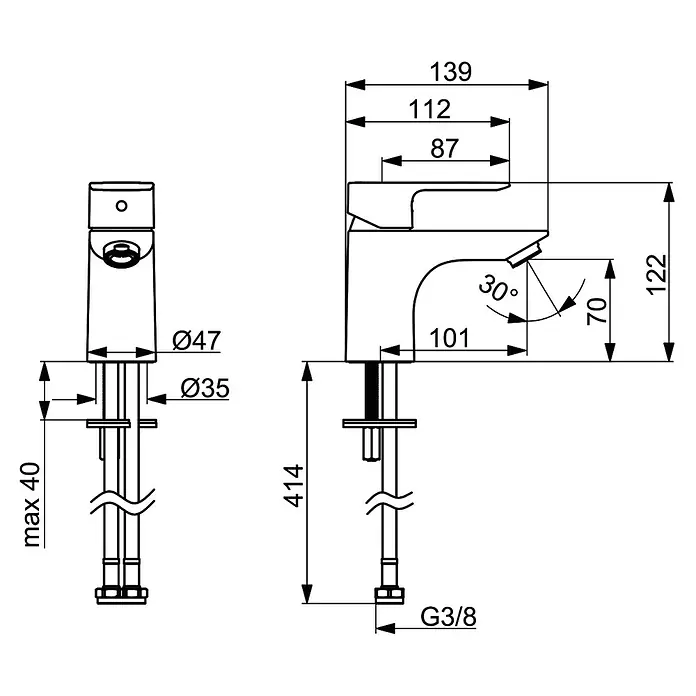 Hansa Pico Waschtischarmatur S - Höhe: 12,2 cm, Chrom, Ausladung Armatur: 10,1 cm - Technische Zeichnung einer Armatur mit Maßangaben zu Höhe, Durchmesser und Ausladung.