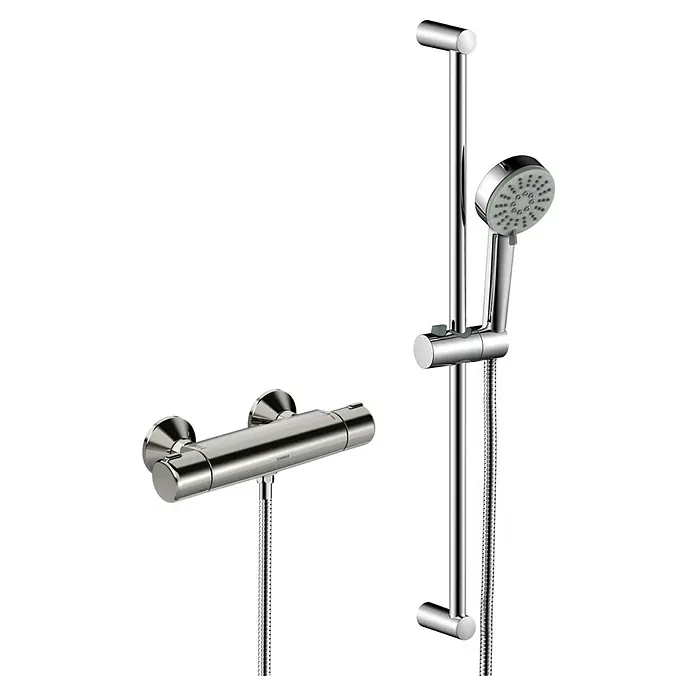 Hansa Pico Brausethermostat - Chrom - Detaillierte Ansicht eines Hansa Duschsets mit Thermostatarmatur und Brausestange, ideal für moderne Badezimmer.