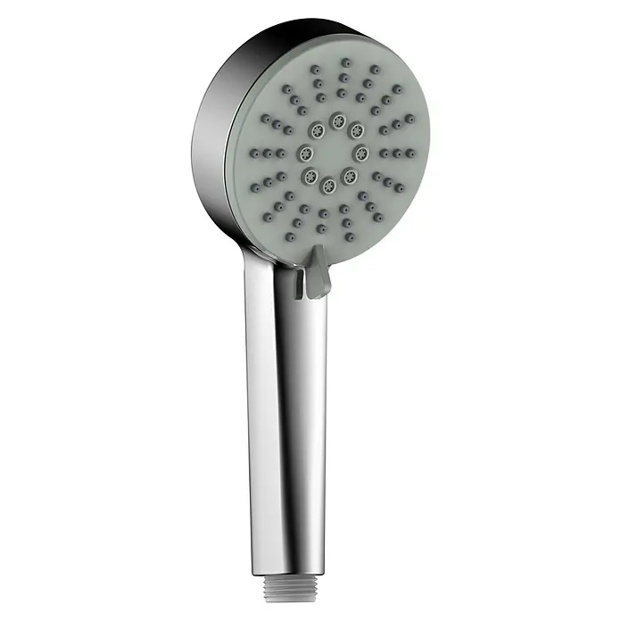 Hansa Pico Handbrause - Anzahl Funktionen: 3 Stk., Chrom - Nahaufnahme eines verchromten Handbrausekopfs mit mehreren Düsen auf einem schwarzen Hintergrund.