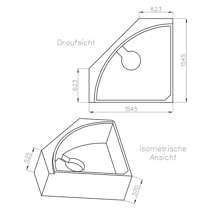 Ottofond Badewannenträger Odessa - Passend für: Ottofond Eckbadewanne Odessa 147,5 x 147,5 cm - Draufsicht und isometrische Ansicht einer Eckdusche mit Maßangaben für die Planung.