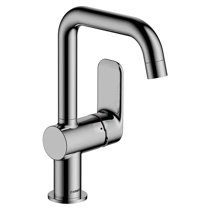 Hansa Pico Waschtischarmatur - Chrom, Ohne Ablaufgarnitur - Nahaufnahme einer glänzenden Hansa Armatur, die durch ihr modernes Design und ihre hochwertige Verarbeitung besticht.
