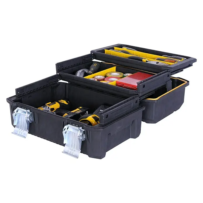 Stanley FatMax Werkzeugkasten Fatmax Cantilever 18“ - Kunststoff - Werkzeugkiste aus schwarzem Kunststoff mit mehreren Fächern und Werkzeugen.