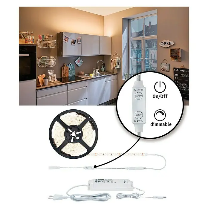 Paulmann Tira LED Set básico - Largo: 3 m, Color de luz: Blanco cálido, 33 W, 3.300 lm, 24 V - Kit de tiras LED con función de atenuación, ideal para la iluminación de la cocina y crear ambiente en toda la casa.