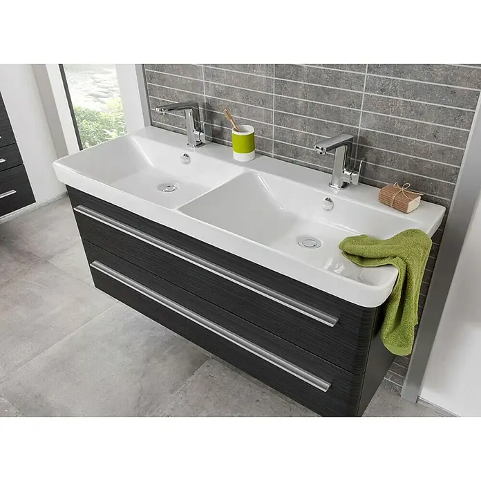 Lanzet Modern 3.0 Einbauwaschbecken - 120 x 46 cm, Weiß - Elegantes Doppelwaschbecken mit Unterschrank in dunkler Holzoptik und modernen Griffen für ein stilvolles Badezimmerdesign.