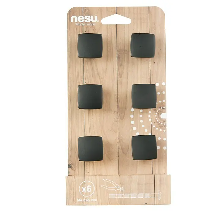 Nesu Tirador para muebles B6-28722-1 - L x An x Al: 2,5 x 2,5 x 1,9 cm, Acero - Paquete de seis pomos de mueble cuadrados negros con tornillos y herramienta, ideales para personalizar muebles.