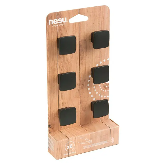 Nesu Tirador para muebles B6-28722-1 - L x An x Al: 2,5 x 2,5 x 1,9 cm, Acero - Primer plano de un embalaje de Nesu con seis pomos de muebles negros cuadrados y material de montaje.