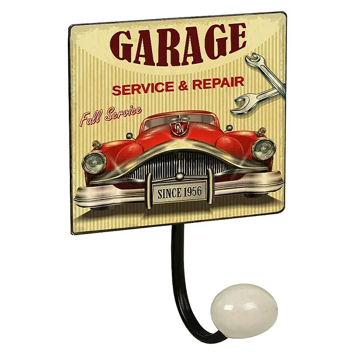 Nesu Garderobenhaken Garage - L x B x H: 155 x 100 x 70 mm, Anzahl Haken: 1 Stk. - Ein Wandhaken mit einem Garagenmotiv, das ein Oldtimer-Auto und Werkzeuge zeigt, ideal für die Werkstatt oder Garage.