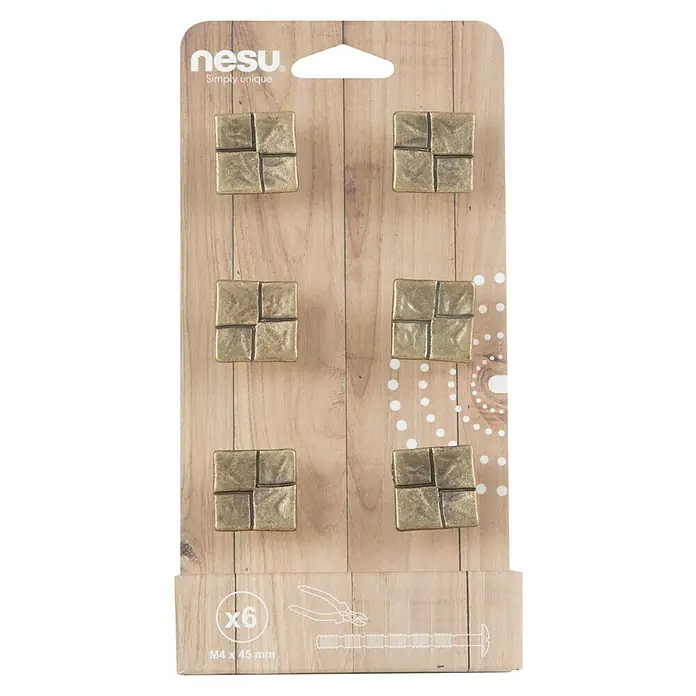 Nesu Tirador para muebles 2313 6 uds. - L x An x Al: 2,6 x 2,6 x 1,9 cm, Acero - Seis pomos de muebles cuadrados de Nesu, que ofrecen un aspecto rústico y único para cajones y armarios, con un acabado como de bronce.