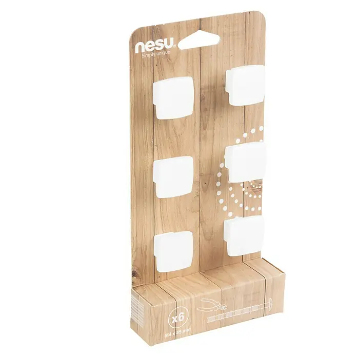 Nesu Tirador para muebles B6-28721-1 - L x An x Al: 2,5 x 2,5 x 1,9 cm, Acero - Primer plano de un paquete de ganchos de pared Nesu. Estos ganchos son perfectos para colgar artículos ligeros en paredes.