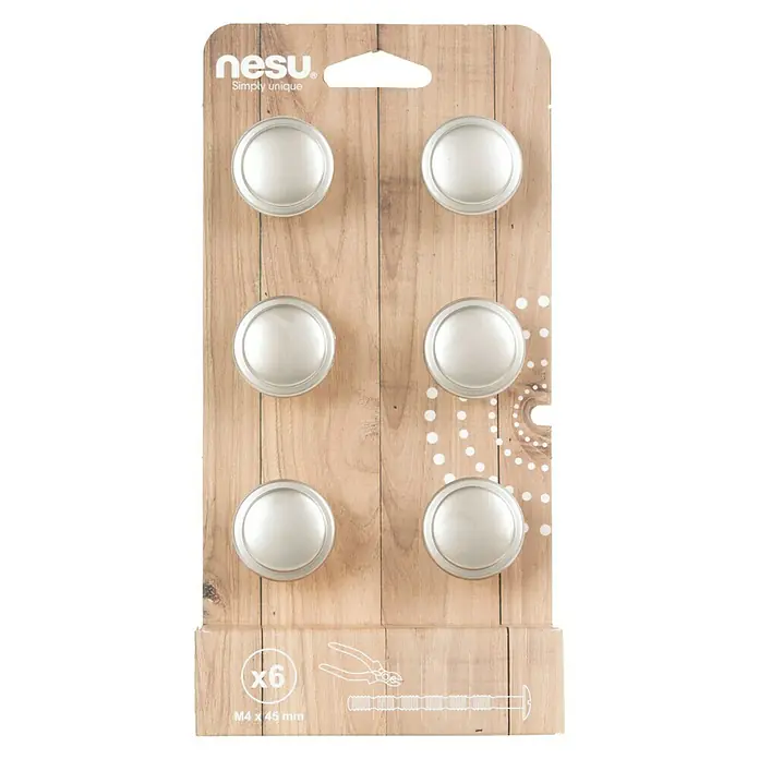 Nesu Pomo para muebles 1302 6 uds. - Ø x Al: 30 x 21 mm, Acero, Niquelado - Primer plano de un paquete de seis pomos de muebles redondos plateados de nesu, ideales para realzar sus muebles.