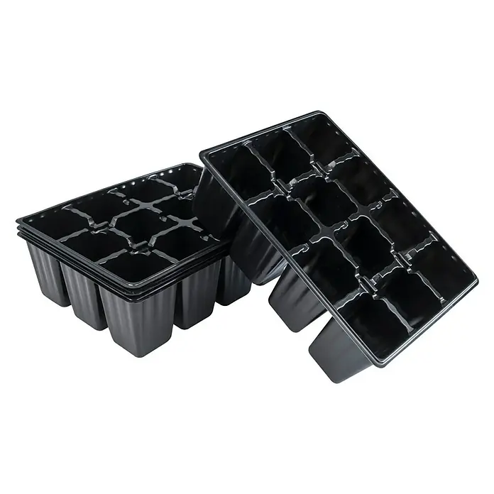 Windhager Anzuchttopf - L x B x H: 17,5 x 13,5 x 5,5 cm, Schwarz, 4x12 Töpfe - Zwei schwarze Kunststoff-Anzuchtschalen, eine gestapelt, eine schräg, zum Anzüchten von Pflanzen.