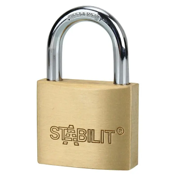 Stabilit Candado M40 - Ancho: 40 mm, Espesor de estribo: 6,3 mm - La imagen muestra un candado Stabilit dorado con un grillete plateado.