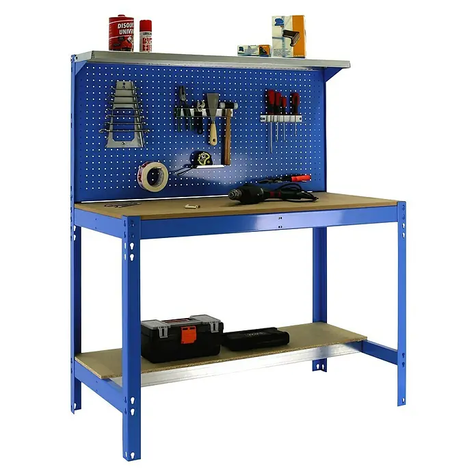 Simonrack Simonwork Werkbank BT3 900 - L x B: 61 x 91 cm, Arbeitshöhe: 144,5 cm, Belastbarkeit: 400 kg, Blau - Werkbank mit Werkzeugen an der Lochwand und einer Ablage mit Werkzeugkiste. Perfekt für Heimwerker und Profis.