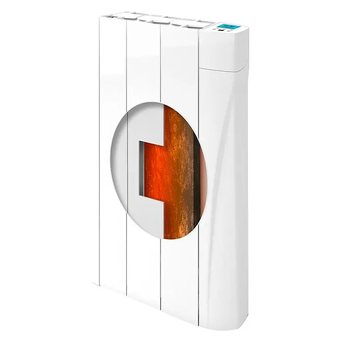 Voltomat HEATING Emisor térmico VOLTC - Potencia: 500 W, 9,8 x 34,5 x 57,5 cm, Cerámico - Primer plano de un radiador blanco moderno con controles digitales y una vista transparente del elemento calefactor.