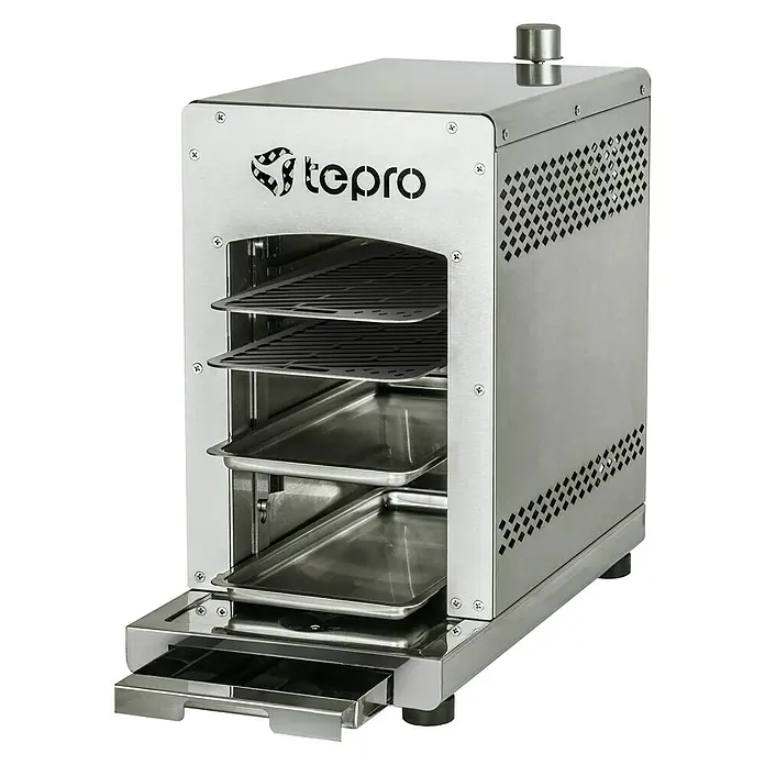 Tepro Gasgrill Toronto - Grillfläche (B x T): 31,5 x 15,4 cm, 3 kW, Anzahl Brenner: 1 - Bild eines Tepro Räucherofens aus Edelstahl mit mehreren Ebenen und einer ausziehbaren Schublade für Räucherchips.