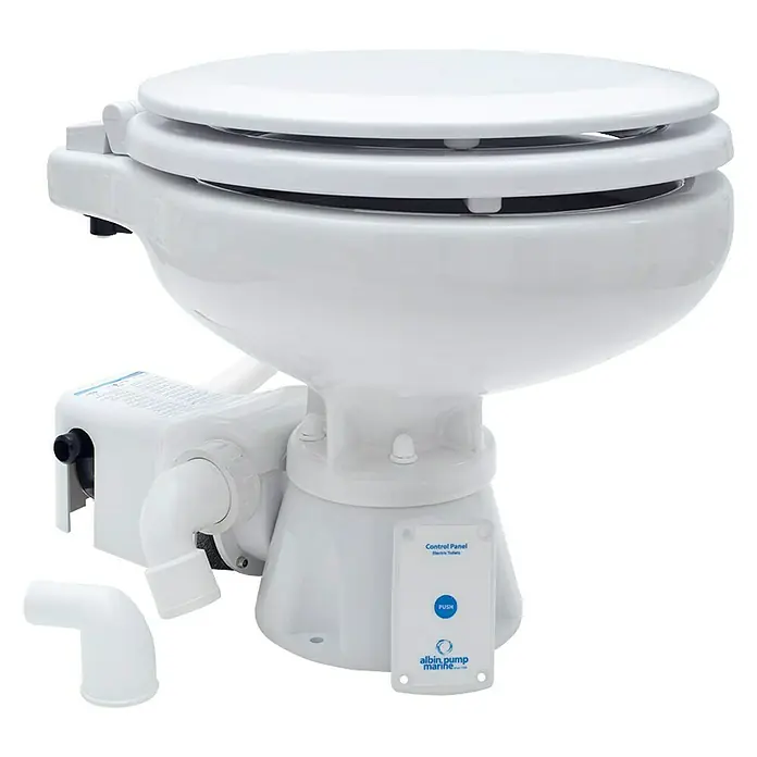 Albin Pump Bordtoilette Standard Electric EVO Kompakt Low 12V - L x B x H: 42,5 x 45 x 31 cm, Keramik - Das Bild zeigt eine Albin Pump Marine elektrische Toilette, ein hochwertiges Sanitärprodukt für Boote und Yachten, das Komfort und Hygiene bietet.