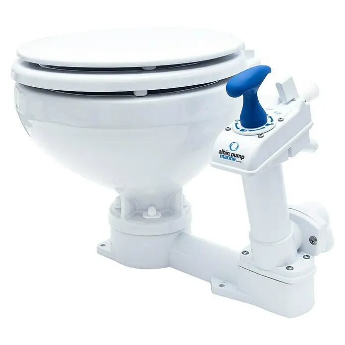 Albin Pump Bordtoilette Manuell Kompakt - L x B x H: 40 x 45 x 34 cm, Keramik - Marine Toilette von Albin Pump. Die Toilette ist weiß mit einem blauen Hebel zur Spülung. Ideal für Boote und Yachten.