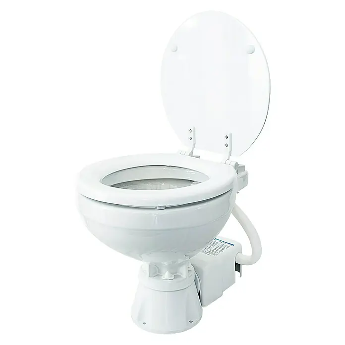 Albin Pump Bordtoilette Standard Electric EVO Kompakt Low 12V - L x B x H: 42 x 33,5 x 39 cm, Keramik - Das Bild zeigt eine weiße elektrische Toilette mit offenem Deckel, ideal für Boote und Wohnmobile, mit einem sichtbaren Pumpensystem.