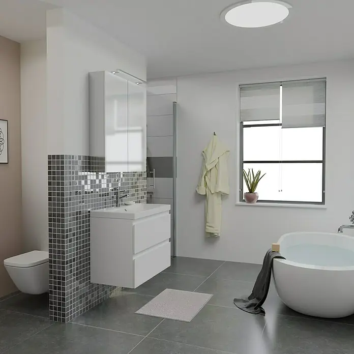Camargue Espacio Badmöbel-Set G12 - 80 cm, Gama weiß matt - Ein modernes Badezimmer mit einem stilvollen Waschbeckenunterschrank, der durch sein minimalistisches Design und Funktionalität besticht.