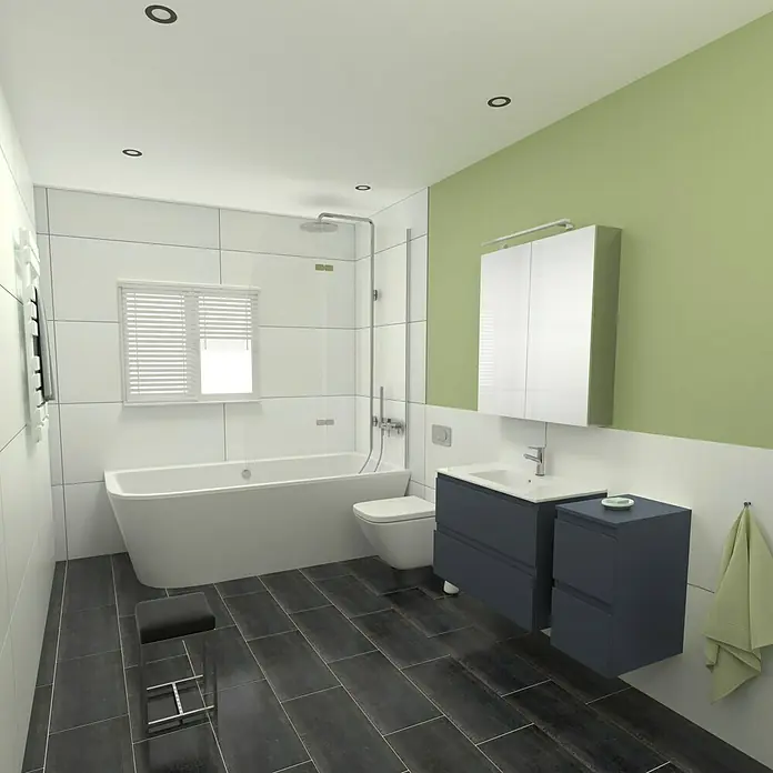 Camargue Espacio Badmöbel-Set J14 - 110 cm, Gama anthrazit matt - Elegantes Badezimmer-Interieur mit Badewanne, Waschtisch, Spiegelschrank und dunklen Bodenfliesen für einen modernen Look.