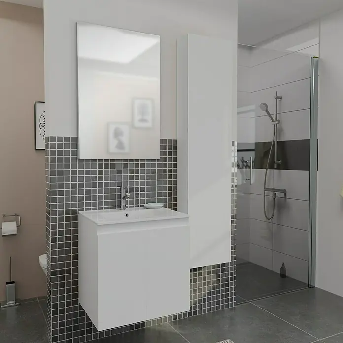 Camargue Espacio Badmöbel-Set i2 - 100 cm, Gama weiß matt - Modernes Badezimmer mit Waschbeckenunterschrank in Weiß, Spiegel und geräumiger Duschkabine für ein stilvolles Ambiente.