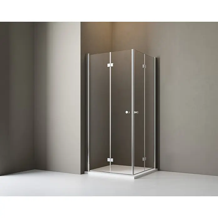 BAUHAUS Eckdusche Light Bifold - 80 x 80 x 190 cm, Unbeschichtet, Silber, Glasstärke: 5 mm - Duschkabine mit klaren Glastüren und silbernen Beschlägen vor einer braunen Wand. Modernes Design für Badezimmer.