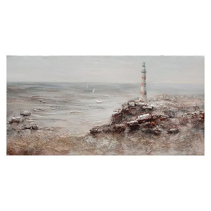 Cuadro pintado a mano Mar y faro - Sea and lighthouse, An x Al: 120 x 60 cm - Pintura con un faro en una costa rocosa bajo un cielo nublado, pinturas al óleo con textura.