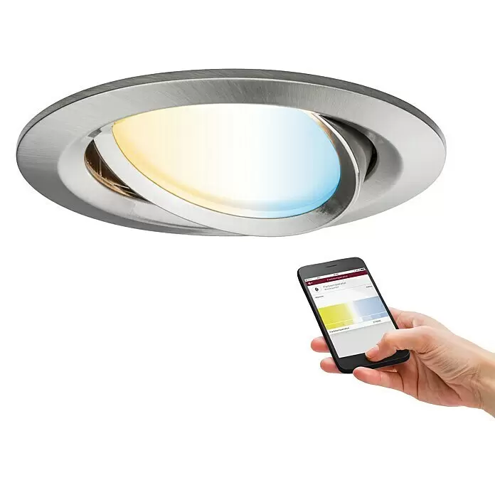 Paulmann Downlight empotrable LED redondo Nova Plus Tunable White - 6 W, Ø x Al: 8,4 x 4,5 cm, Hierro cepillado, Blanco neutro - Foco LED empotrable de metal cepillado con luz ajustable (cálida a fría), controlable mediante aplicación de smartphone.