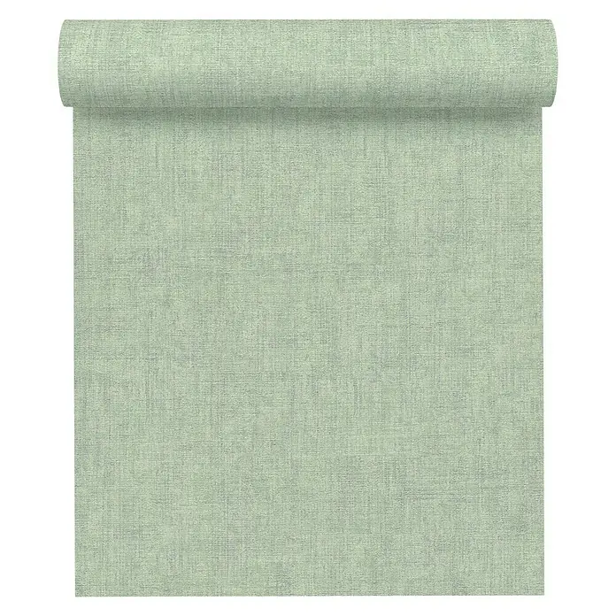 A.S. Création Greenery Vliestapete Borneo - Grün, Uni, 10,05 x 0,53 m - Nahaufnahme einer Rolle grüner Textiltapete. Das Produkt ist eine textile Wandbekleidung mit einer feinen Oberflächenstruktur.