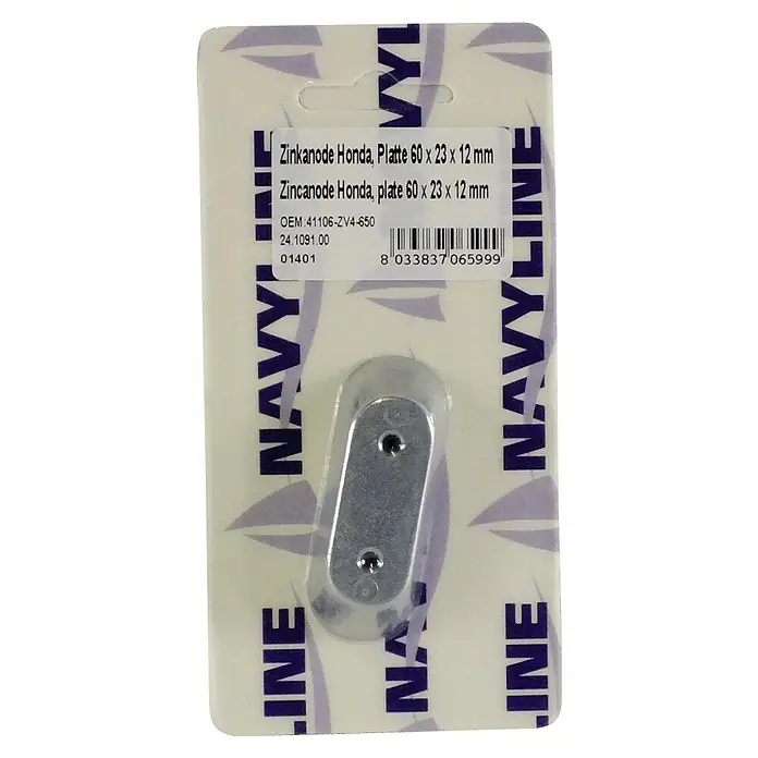 Navyline Opferanode - Zink, L x B x H: 60 x 23 x 14 mm, Salzwasser, Passend für: Yamaha & Honda Motoren - Bild einer Navyline Zinkanode Honda Platte, 60 x 23 x 12 mm, verpackt mit den Produktinformationen auf der Verpackung.