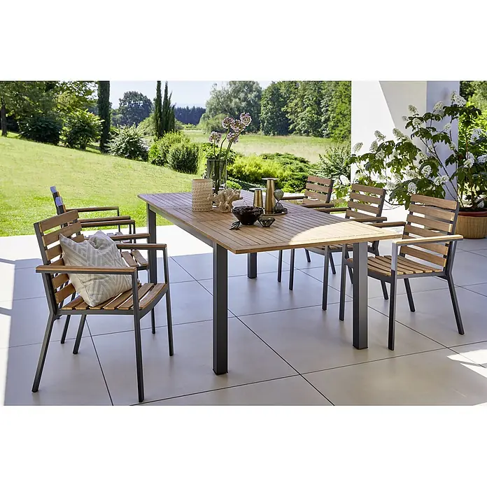 Gartenmöbel-Set Carina - 7 -tlg., Akazie/Stahl, Naturbraun/Grau - Ein stilvoller Esstisch mit passenden Stühlen im Freien, ideal für entspannte Stunden im Garten oder auf der Terrasse.