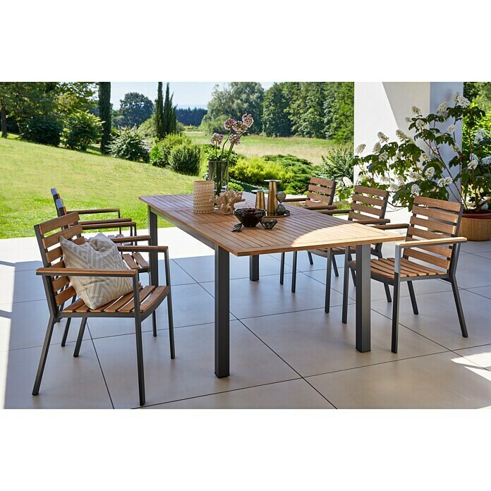 Gartenmöbel-Set (7-tlg., Akazie/Stahl, Naturbraun/Grau, Tischplatte ausziehbar)
