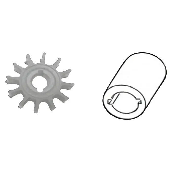 CEF Impeller 500380 - Ø x L: 39,6 x 14,3 mm, Wellendurchmesser: 10 mm - Helles Zahnrad und eine skizzenhafte Hülse, dargestellt vor schwarzem Hintergrund. Ideal für präzise mechanische Anwendungen.