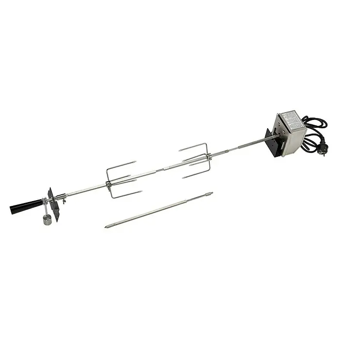 Kingstone Asador giratorio - Específico para: Barbacoa de gas Kingstone Cliff 350 / 350-1 ES / 450 / 455-1 ES / 605-2 ES / 650-1 / 655-2 ES / 250-1 / Barbacoa de gas Grillstar Atlanta: 200 II / 300 II / 450 II / 650 II - Primer plano de un kit de asador eléctrico de acero inoxidable con brochetas, motor y asa para preparar platos a la parrilla.
