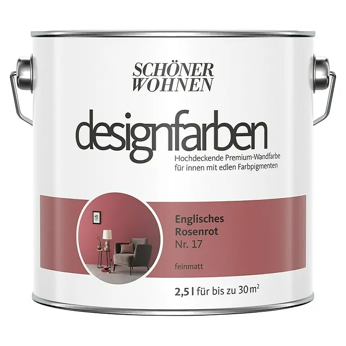 SCHÖNER WOHNEN-Farbe Wandfarbe Designfarbe - Englisches Rosenrot, Matt, 2,5 l, Konservierungsmittelfrei - Dose Schönere Wohnen Designfarben, Farbe Englisches Rosenrot Nr. 17, eine matte Premium-Wandfarbe für Innenräume, 2,5l für bis zu 30 m².