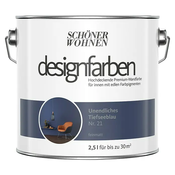 SCHÖNER WOHNEN-Farbe Wandfarbe Designfarbe - Unendliches Tiefseeblau, Matt, 2,5 l, Konservierungsmittelfrei - Farbdose "Schöner Wohnen Designfarben" in Tiefseeblau Nr. 21, eine hochdeckende Premium-Wandfarbe für Innenräume mit edlen Farbpigmenten.