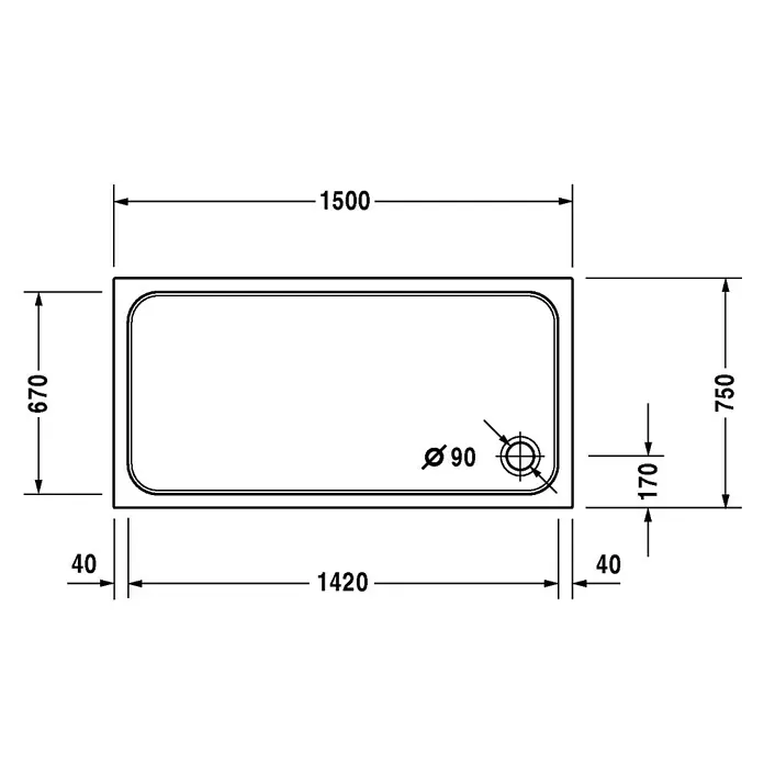 Duravit D-Code Duschwanne - L x B: 150 x 75 cm, Kunststoff, Weiß, Mit Antirutsch-Oberfläche, Rechteckig - Schemazeichnung einer rechteckigen Badewanne mit Maßangaben und einem Abflussdurchmesser von 90 mm.