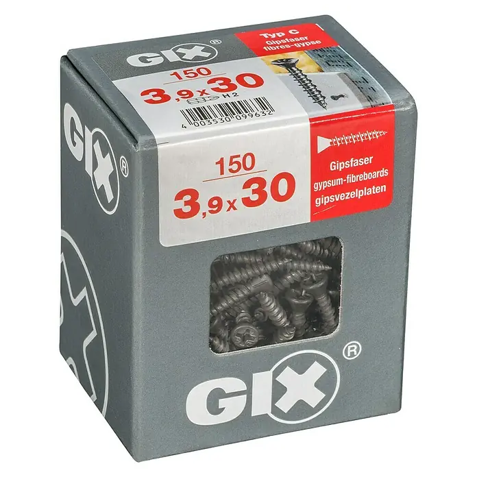 Spax Trockenbauschraube GIX C - Durchmesser: 3,9 mm, Länge: 30 mm, Senkkopf, 150 Stk. - Die GIX Schraubenpackung enthält 150 Stück 3,9x30 Gipskartonschrauben, ideal für Trockenbauarbeiten.