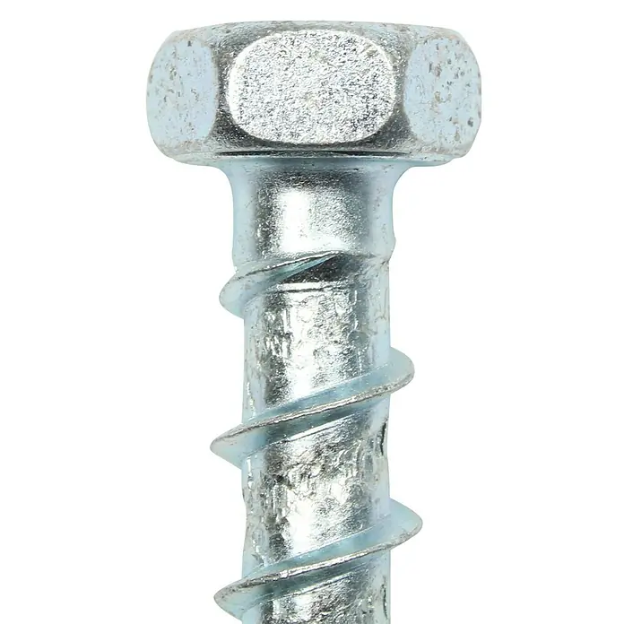 Profi Depot Kombibetonschraube - Durchmesser: 7,5 mm, Länge: 60 mm, V 30, 50 Stk. - Nahaufnahme einer Betonschraube mit Sechskantkopf und Gewinde, ideal für Befestigungen in Beton. Die Schraube ist aus verzinktem Stahl gefertigt.