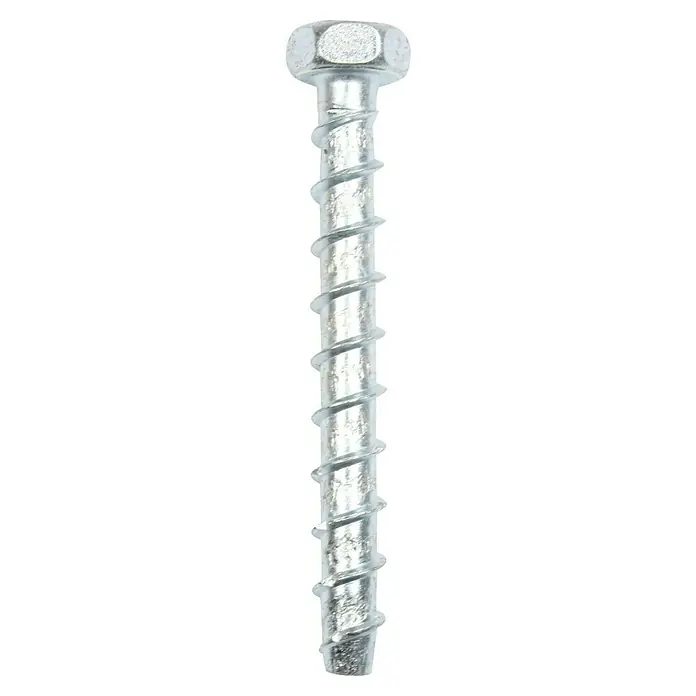 Profi Depot Kombibetonschraube - Durchmesser: 7,5 mm, Länge: 50 mm, V 30, 50 Stk. - Nahaufnahme einer Betonschraube mit Sechskantkopf und spiralförmigem Gewinde. Ideal für Befestigungen im Bauwesen.