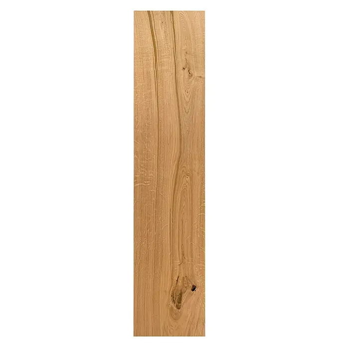 Parkettmuster Eiche Hotel Oil - 280 x 160 x 15 mm, Landhausdiele - Nahaufnahme einer einzelnen Holzplanke mit deutlicher Maserung und einem Astloch, ideal für Texturen.