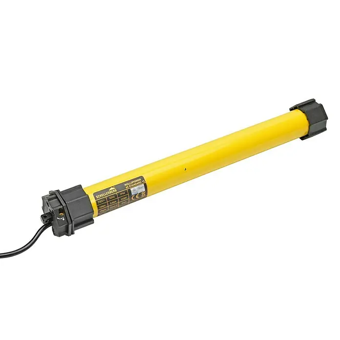 Schellenberg Motor tubular Maxi Plus - Superficie de persiana enrollable máx.: 4,2 m² para persianas de plástico, Longitud de instalación: 555 mm, Fuerza de tracción: 20 kg - Primer plano de un motor de persiana amarillo Schellenberg Rollpower 45 Standard 15, conocido por su fiabilidad.