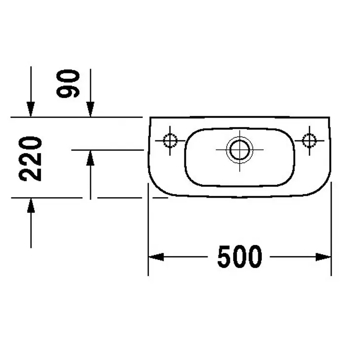 Duravit D-Code Waschbecken - 50 x 22 cm, Ohne Spezialglasur, Hahnloch: Links, Mit Überlauf, Weiß - Technische Zeichnung eines Aufsatzwaschbeckens mit Maßangaben für Installation und Design.