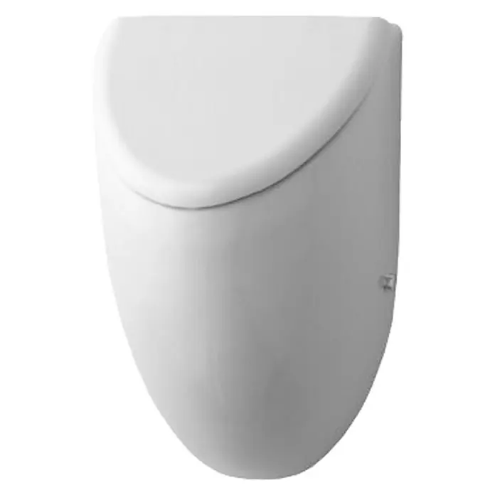 Duravit Urinal Fizz - Unbeschichtet, Zulauf: Hinten, Absaugspülung, Farbe: Weiß, Ohne Zielobjekt, Ohne Urinaldeckel, Geeignet für: Montage mit Deckel - Ein wandhängendes Urinal in schlichtem Weiß, ideal für moderne Sanitärräume. Die Form ist minimalistisch und funktional gestaltet.