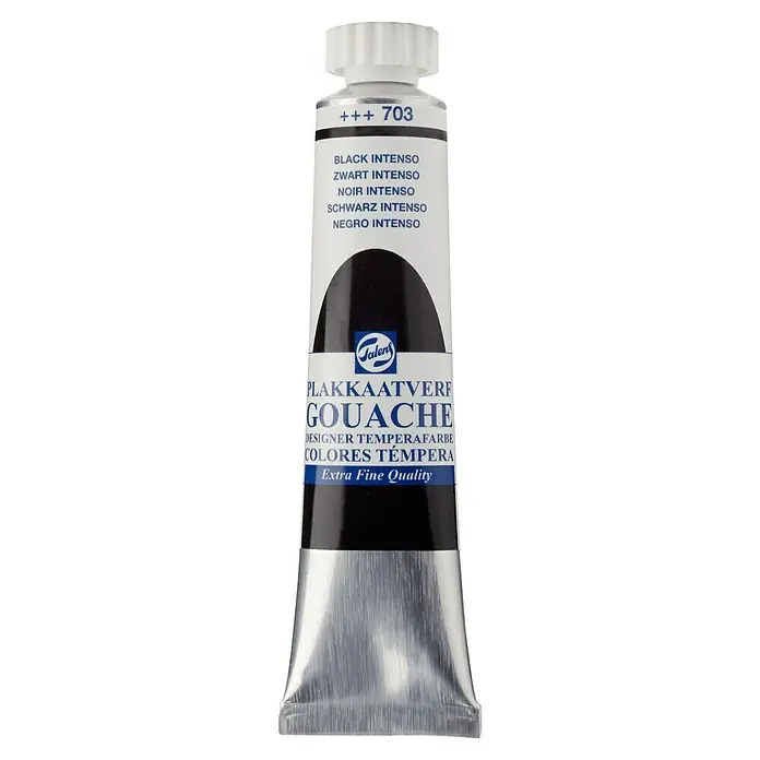 Talens Pintura gouache - Negro intenso, 20 ml - Imagen de un tubo de pintura para carteles "Talens Gouache" en negro intenso, una pintura témpera extrafina de alta calidad para artistas y diseñadores.