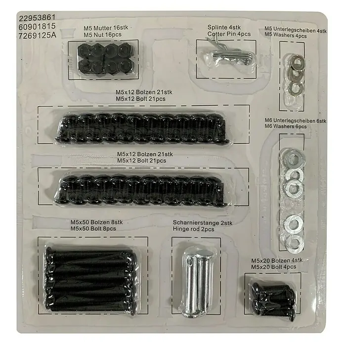 Schrauben-Set - Passend für: Kingstone Grillwagen Black Angus - Eine Sortimentpackung mit Schrauben, Muttern, Unterlegscheiben und Splinten verschiedener Größen und Mengen.