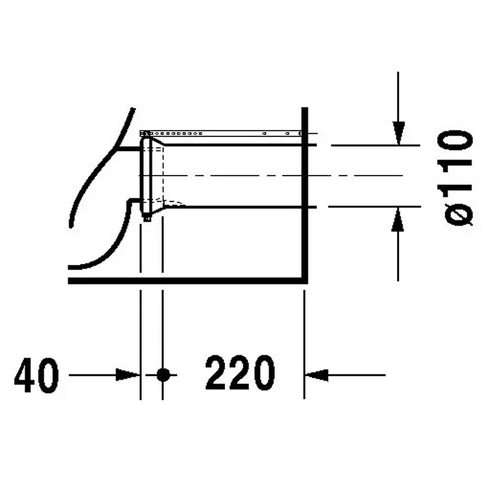 Duravit DuraStyle Stand-WC für Kombination Typ 2 - Mit Spülrand, Mit schmutzabweisender Glasur, Spülform: Tief, WC Abgang: Waagerecht, Weiß - Schematische Darstellung eines Abwasseranschlusses mit Bemaßung und Durchmesserangabe für Installationszwecke.